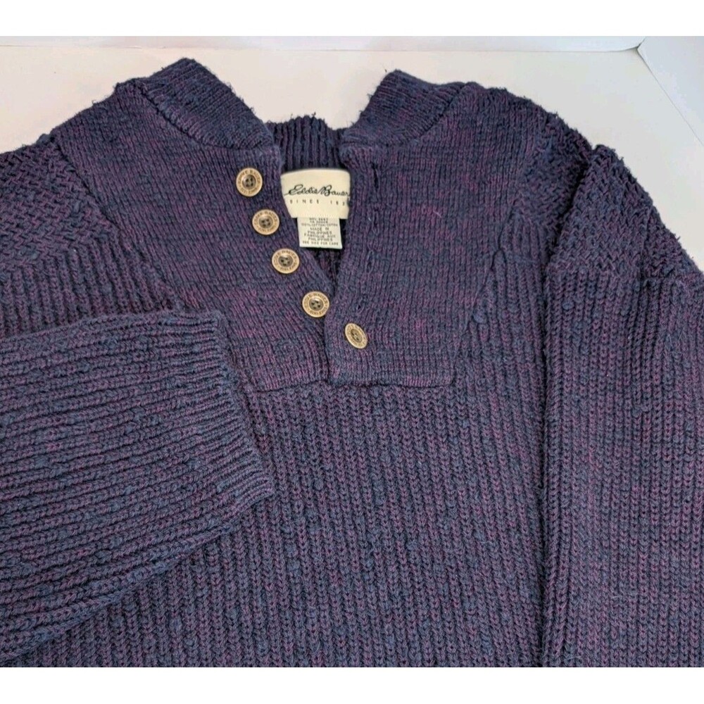 Eddie Bauer Men's XL Purple 100% Cotton Sweater Ribbed Henley Button Detail